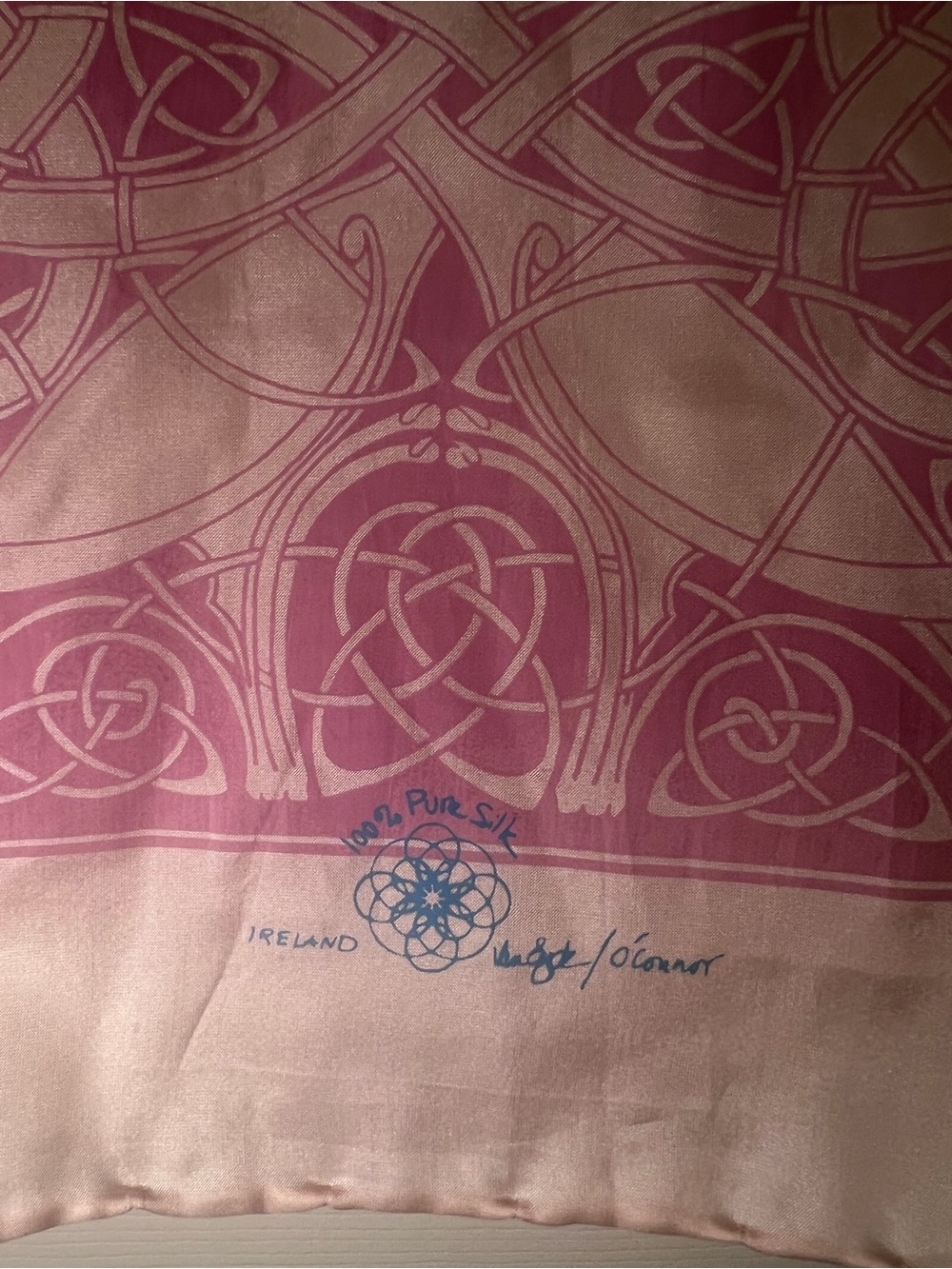 Silk Celtic Knot Pink Scarf Signed Wright/O’Connor Ireland 64x11” Rare